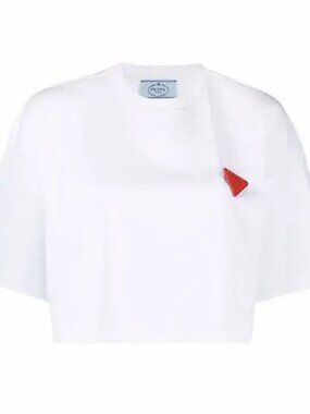 PRADA Womens White Cotton T-Shirt Cropped With Red Triangle Logo Brooch Size XS